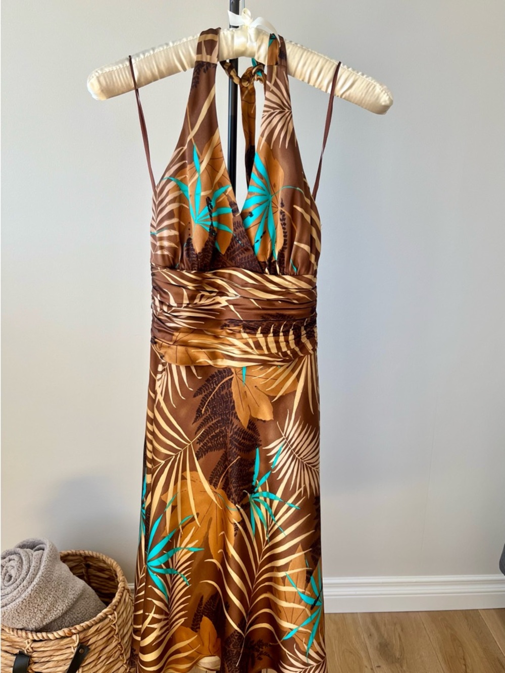 Jones New York Y2K Silk Tropical Boho Wedding Guest Resortwear Halter Dress US 4